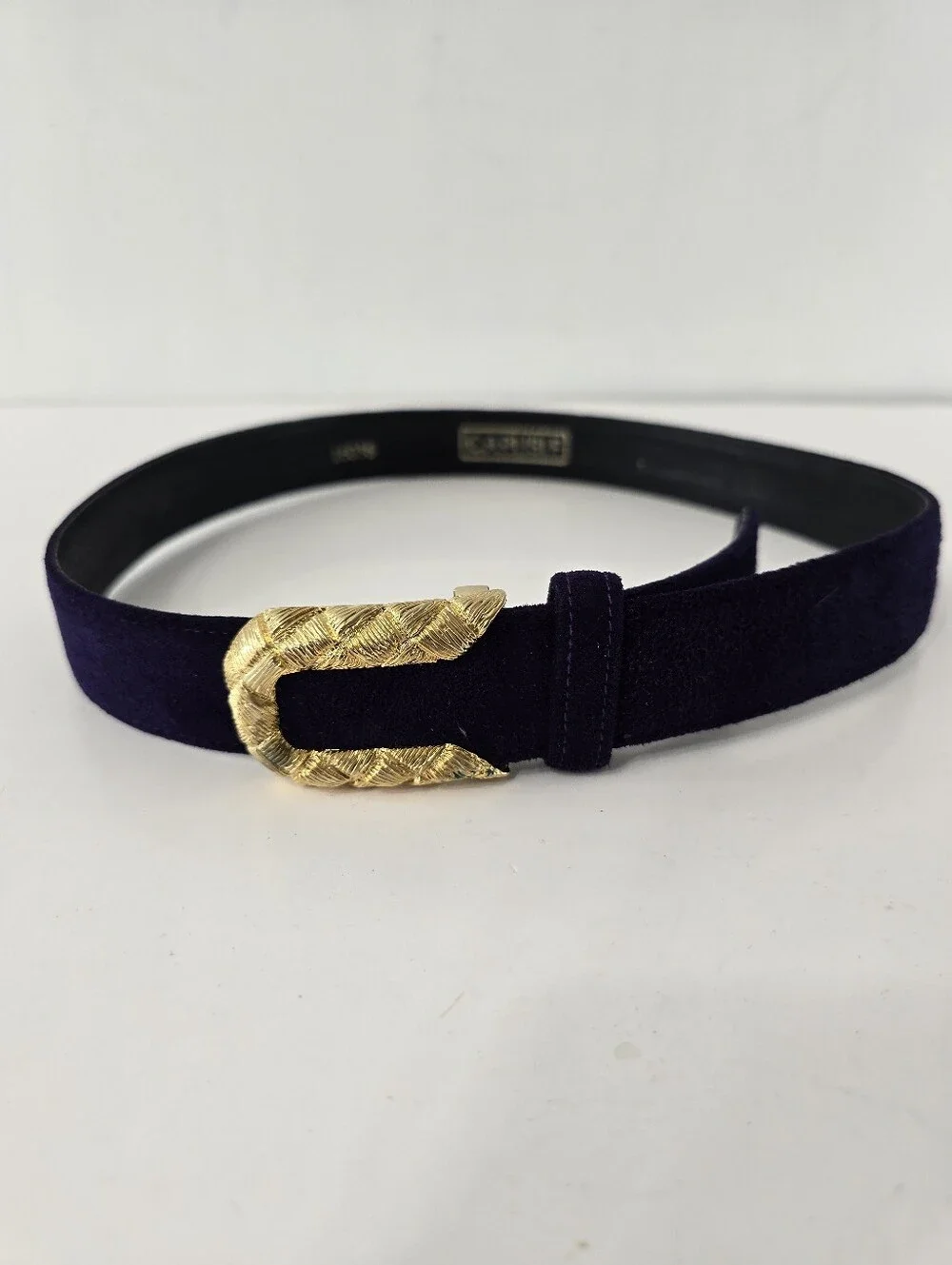 Carisle Velvet Purple Belt Vintage Velour Goldtone Woven Design Push Buckle Sz L